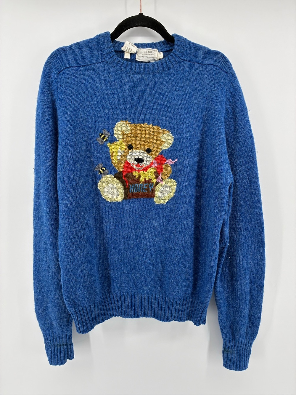 Vintage Sears Needlepoint Blue Teddy Bees & Honey 100% Wool Crewneck Sweater